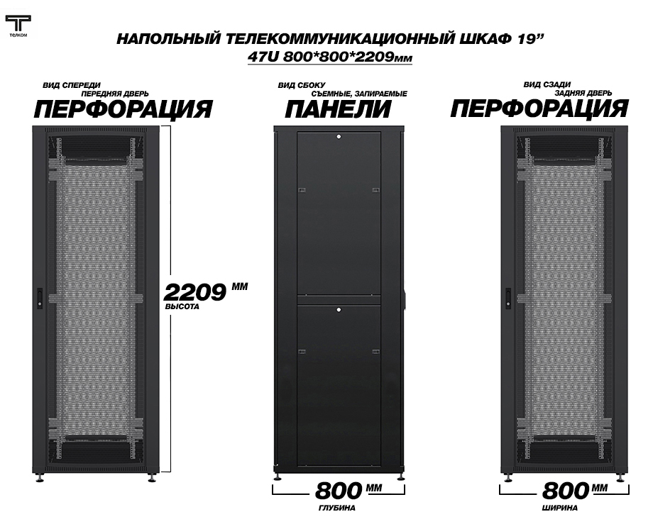 Напольные шкафы ТЕЛКОМ шириной и глубиной 800 мм, двери - перфорация