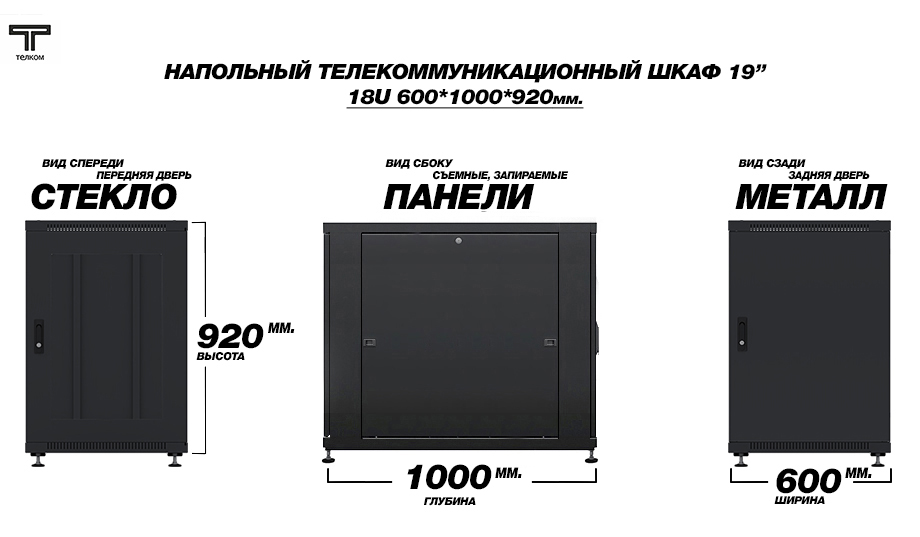 18u (920мм) телекоммуникационный напольный шкаф, глубиной 1000мм с металлической и перфорированной дверьми.