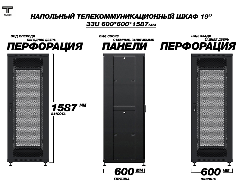 Телекоммуникационный напольный шкаф c перфорированными дверьми 33U 600х600