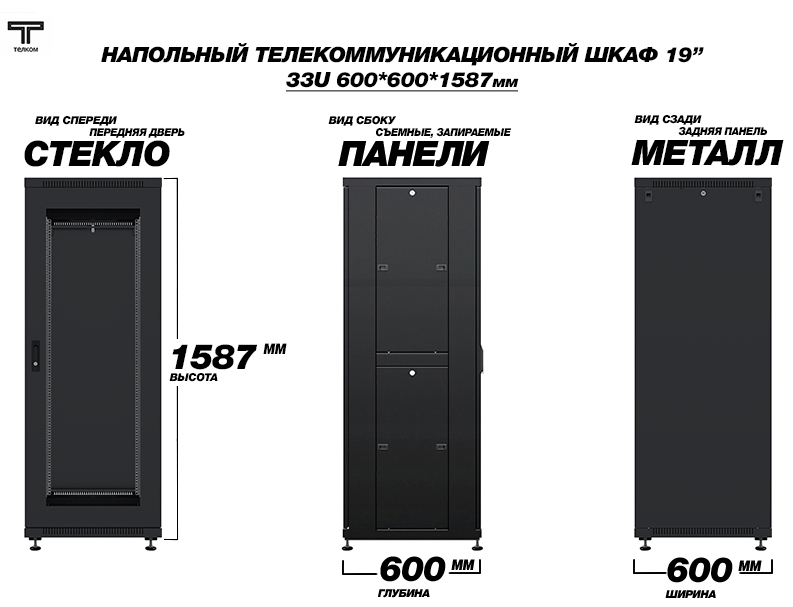 ТЕЛКОМ ТС-33.6.6-СZS.9005М Шкаф напольный 33U 600x600