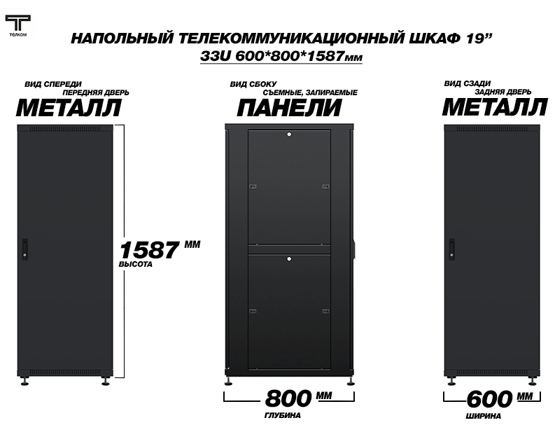 ТЕЛКОМ ТС-33.6.8-ММ.9005М Шкаф напольный 33U 600x800