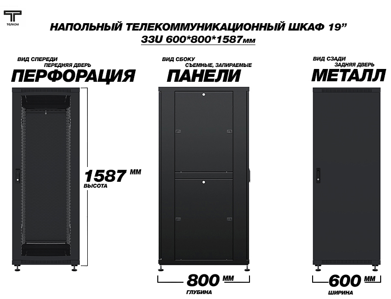 Телекоммуникационный шкаф напольный 33U 600x800 ТЕЛКОМ. двери: перфорация/металл