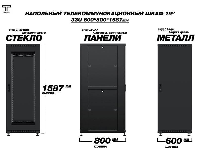 ТЕЛКОМ ТС-33.6.8-СМ.9005М Шкаф напольный 33U 600x800