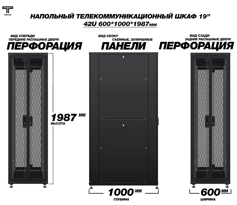 Серверный 19" шкаф напольный 42U 600x1000мм. для установки сетевого и серверного оборудования