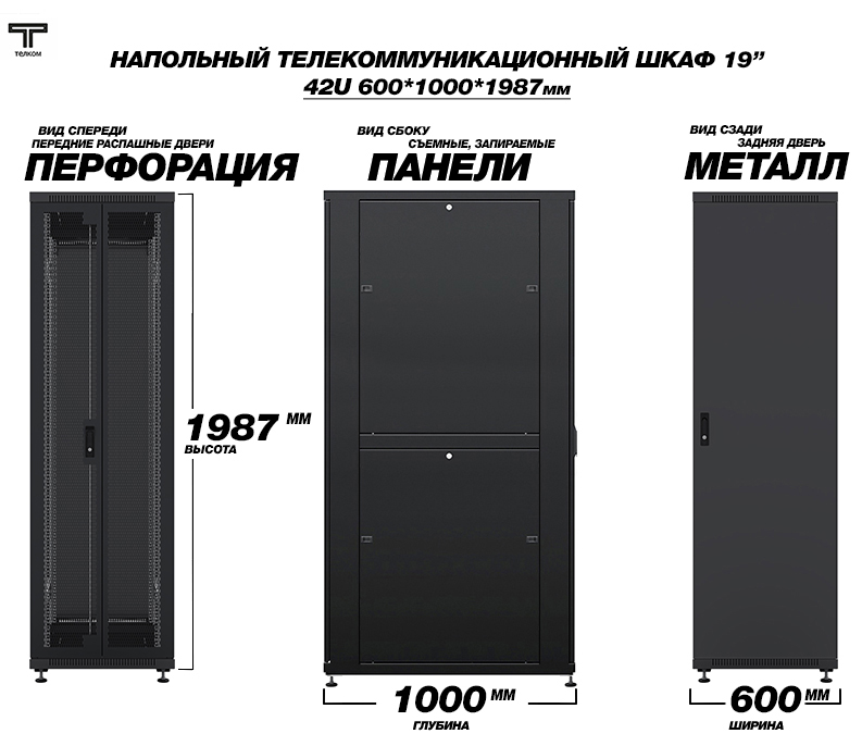 Телекоммуникационный 19" шкаф напольный 42U 600x1000мм. для установки сетевого и серверного оборудования