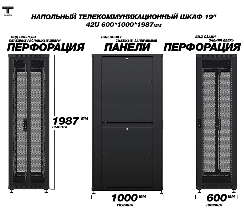 Серверный 19" шкаф напольный 42U 600x1000мм. для установки сетевого и серверного оборудования
