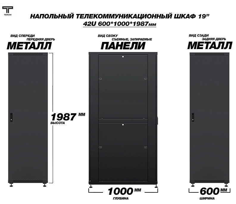ТЕЛКОМ ТС-42.6.10-ММ.9005М Шкаф напольный 42U 600x1000
