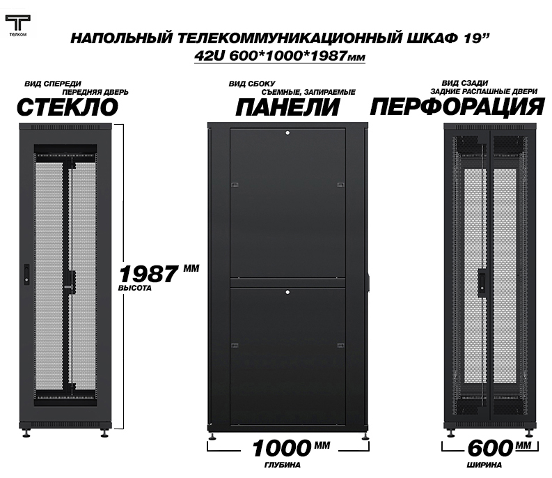 Серверный 19" шкаф напольный 42U 600x1000мм. пердняя дверь - стекло, задняя распашная перфорированная