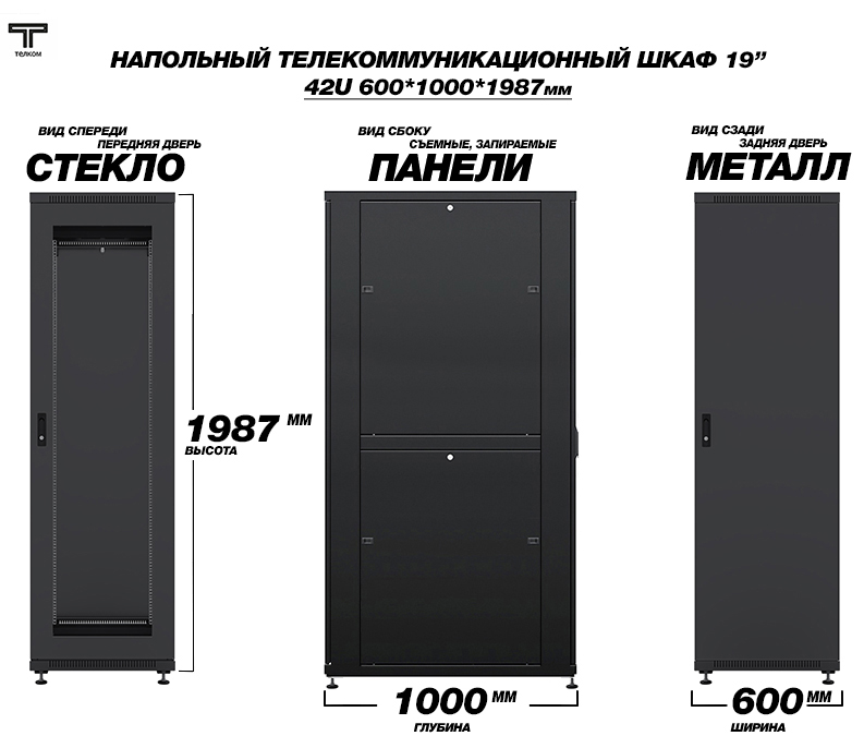 ТЕЛКОМ ТС-42.6.10-СМ.9005М Шкаф напольный 42U 600x1000