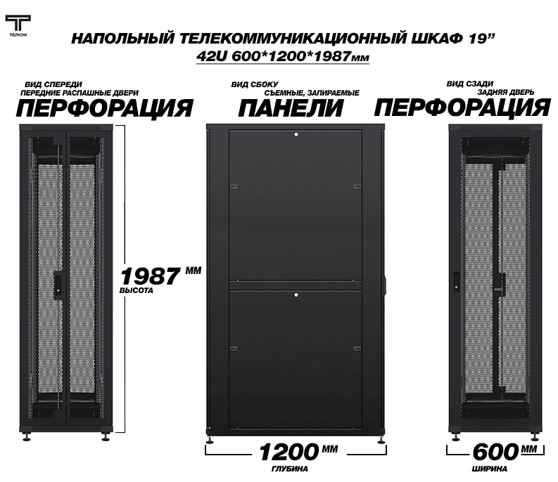 Напольный телекоммуникационный шкаф ТЕЛКОМ с глубиной 1200мм, перфорированные двери