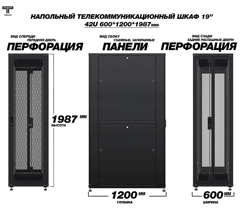 Напольный телекоммуникационный шкаф ТЕЛКОМ с глубиной 1200мм, перфорированные двери
