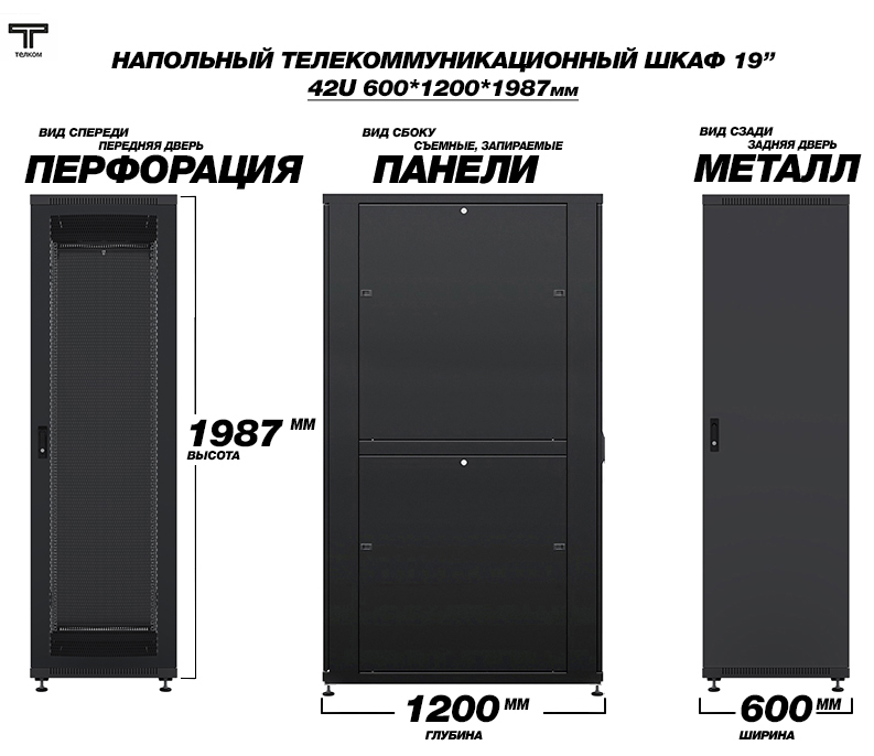 Напольный телекоммуникационный шкаф ТЕЛКОМ с глубиной 1200мм, перфорированные двери