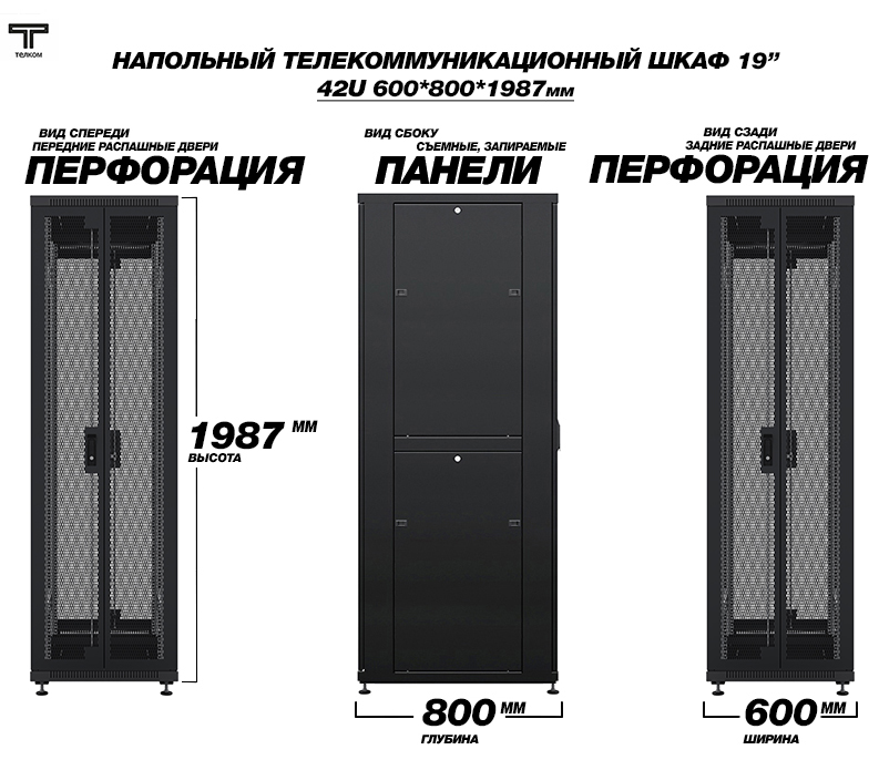 Напольный серверный шкаф с перфорированными распашными дверьми от российского производителя
