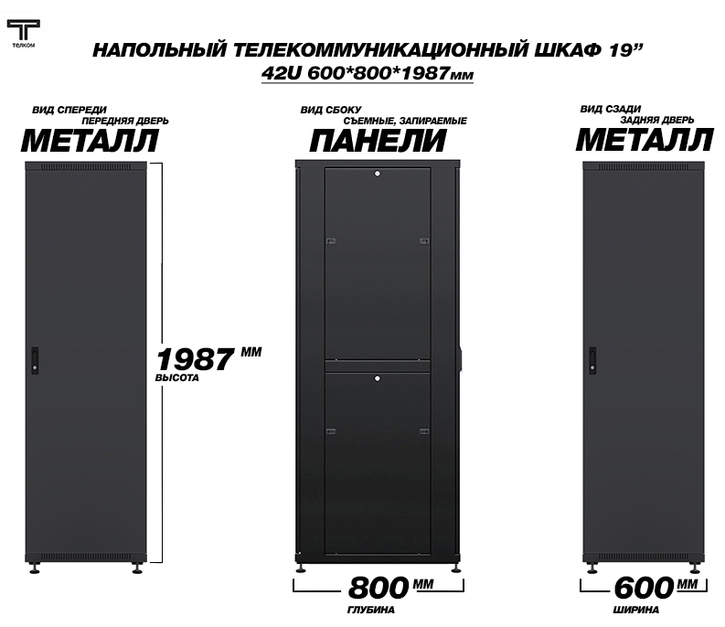 ТЕЛКОМ ТС-42.6.8-ММ.9005М Шкаф напольный 42U 600x800