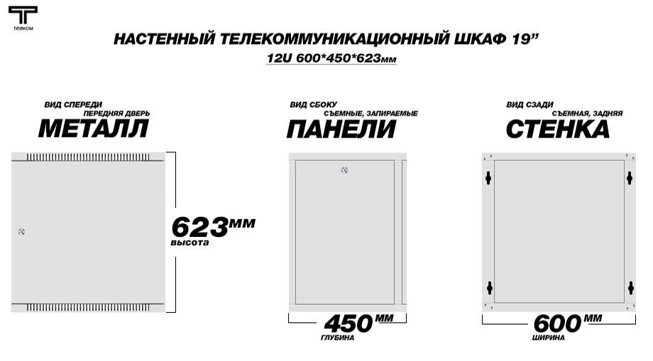 Настенный шкаф 19" 12U 450мм. телекоммуникационный  дверь металл
