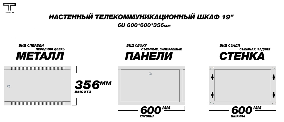 19" (дюймов) настенный телекоммуникационный монтажный шкаф 6U (юнитов), глубиной 600мм.