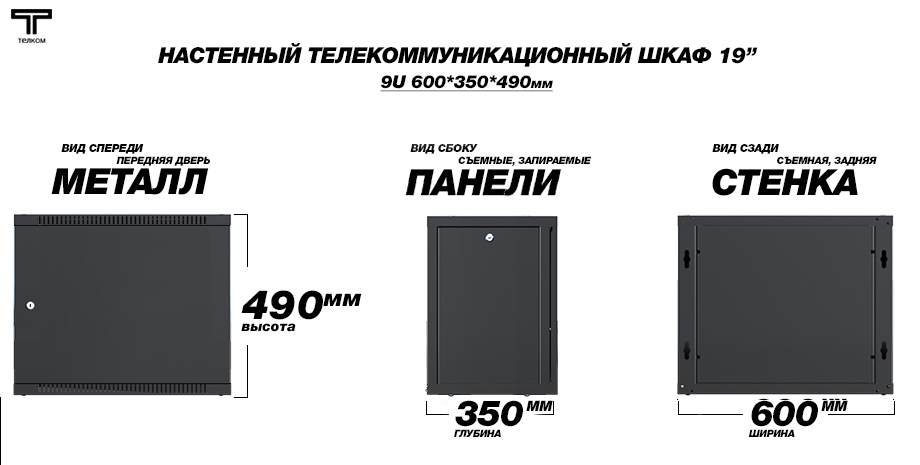 19" (дюймов) настенный телекоммуникационный монтажный шкаф 9U (юнитов), глубиной 350мм.