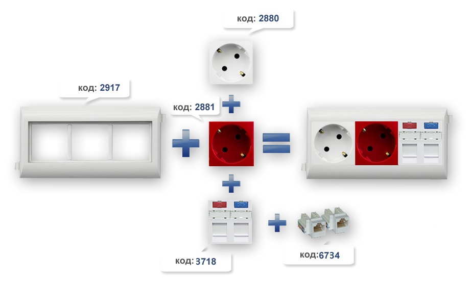 Монтаж модулей keystone и розеток 220в в суппорт (10954 ABR) на 2 модуля 45х45 для короба (90х50, 110х34, 110х50, 185х50) Efapel